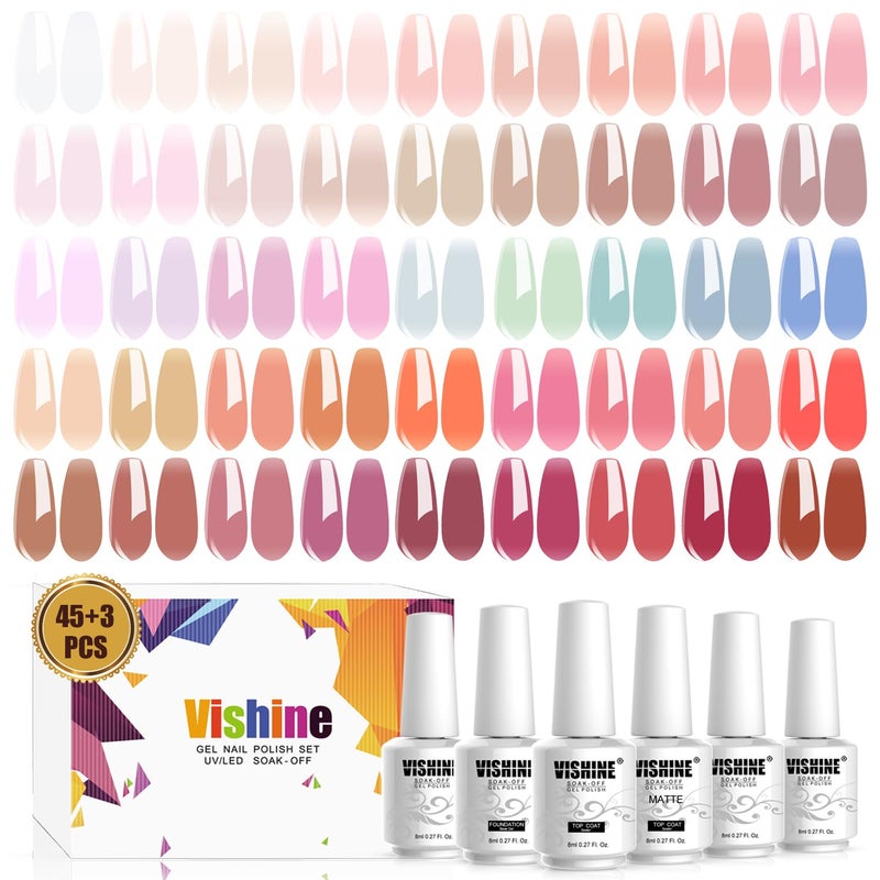 Vishine Gel Nail Polish Starter Kit with UV LED Nail Lamp, 45ColorSheer Milky Pink Jelly Nude Transparent Gel Polish, Top Coat, Base Coat & Matte Top Coat with Essential Nail Art Manicure Tools Set - Image 2